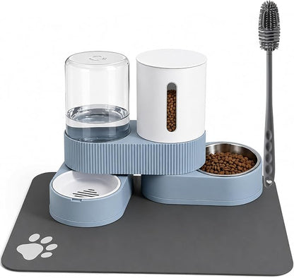 Gravity Cat Feeder and Water Dispenser 2 Pack Automatic Stainless Steel Feeder Bowls with Silicone Mat and Brush Set, Dry Food and Water Dispenser for Cats Small Medium Dogs(Blue)