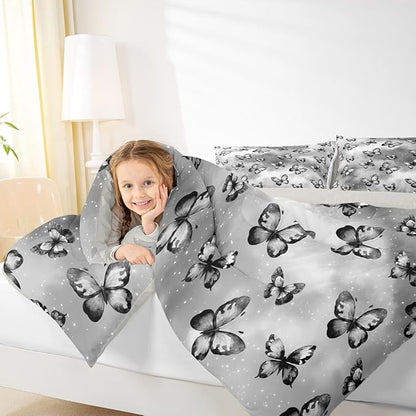 Erosebridal Butterfly Bedding Sets King - Dreamy Coquette Comforter Set for Kids Adults Watercolor Gradient Grey Butterfly Duvet Insert Galaxy Stars Print Quilt