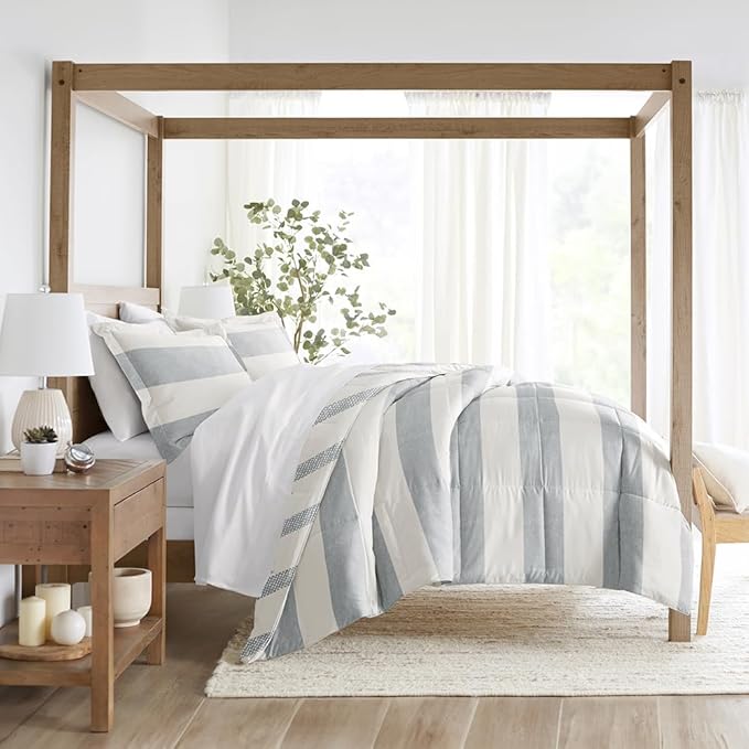 LINENS & HUTCH Comforter Set Patterned Microfiber All Season Down-Alternative Ultra Soft Bedding in Distressed Stripe - King/Cal-King Distressed Stripe Light Blue