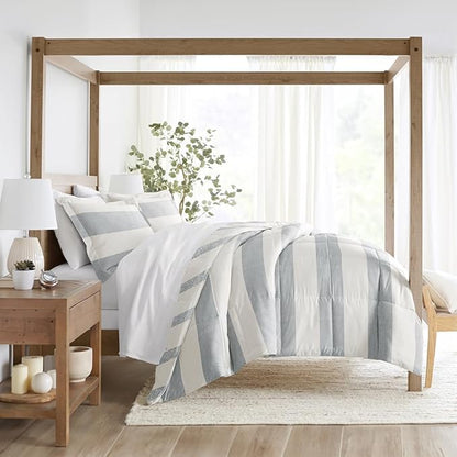 LINENS & HUTCH Comforter Set Patterned Microfiber All Season Down-Alternative Ultra Soft Bedding in Distressed Stripe - King/Cal-King Distressed Stripe Light Blue