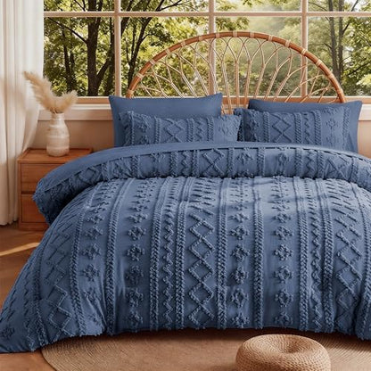 MR&HM King Size Comforter Set 7 Pieces, Boho Tufted Bedding Set Navy Blue
