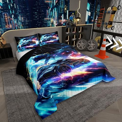 Kids Boys Sports Comforter Set - Black Blue Wolf Race Car Comforter for Kids Teens Room Decor - Lightning Extreme Sports Game Theme Bedding Set - Cool Speed Luxury Cars Quilt Set-All Season,King Size