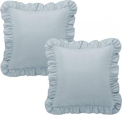 KKJIAF Ruffle Pillow Cases 18x18 Inches, Dusty Blue Square Ruffled Pillow Covers Set of 2, Microfiber Wrinkle Resistant Pillow Shams with Envelope Closure for Sofa Bed Living Room