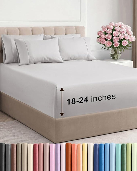 Extra Deep Queen Sheet Set - 6 Piece Breathable and Cooling Sheets - Hotel Luxury Bedding for Women, Men, Kids & Teens - Easy & Secure Fit - Soft and Wrinkle Free - Extra Deep Pockets - French Grey
