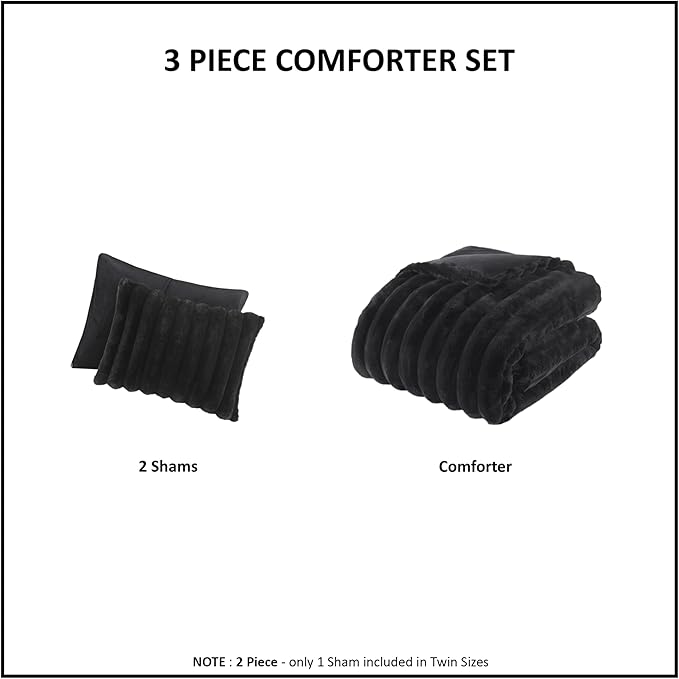 Madison Park Jasmine Queen Comforter Set, Luxurious Reversible Faux Fur Plush Ribbed Velvet Bedding, Fuzzy Thick Warm Winter Comforter, Super Soft Fluffy 3-Piece Set Black