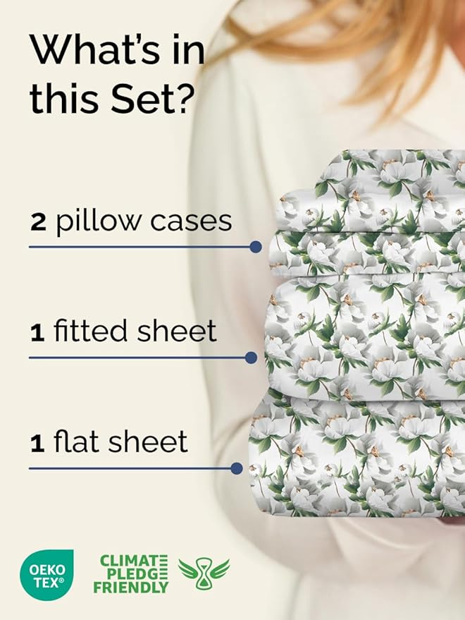 Floral Sheets - Flower Print Bed Sheet Set - 1 Flat, 1 Fitted & 2 Pillowcases w/ Deep Pockets - Comfy, Cozy, Wrinkle & Fade Free - Boho Botanical Bedding - Soft, Breathable & Cooling - Full Size Set