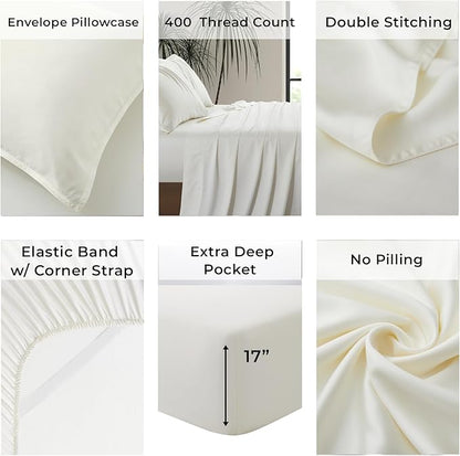 Luxury Bamboo Market | King Size Bed Sheet Set | 100% Viscose Made from Bamboo | Organically Grown | Ultra Soft | Cooling Sheets for Hot Sleepers | 17" Deep Pocket [Opulent Ivory]