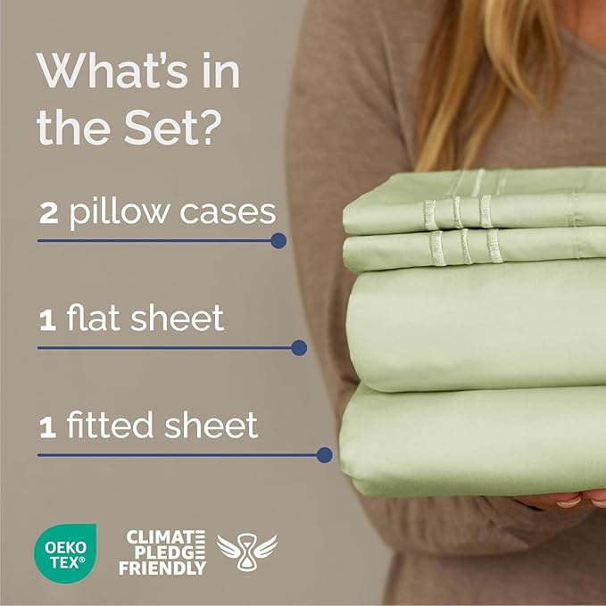 Cal King Size 4 Piece Sheet Set - Comfy Breathable & Cooling Bed Sheets Set - Hotel Luxury Bedding for Women, Men, Kids, Teens, Boys & Girls - Deep Pockets & Wrinkle Free - Oeko-Tex - Light Sage Green