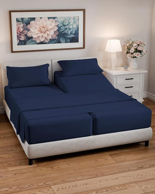 Split California King Bed Sheet Set - 5 Piece Split Cal King Size Sheets - Ultra-Soft, Breathable & Cooling - Comfy, Wrinkle & Fade Resistant - Fits 8" to 16" Inch Mattress w/ Deep Pockets - Navy Blue