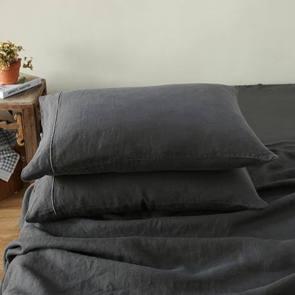 Simple&Opulence 100% French Linen Pillowcase King Size-Set of 2- Washed Solid Color Pillow Cases Embroidered -Soft and Durable (Dark Grey, 20''x40'')