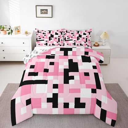 Pixelated Miners Kids Bedding Set Queen Size,Video Games Game Gamepad Comforter Set，Geometric Grid Square Quilt Comforter,Black Pink White Bedroom Duvet Insert,2 Pillowcases