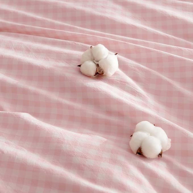 Nayoroom Gingham Duvet Cover Queen Size 100% Washed Cotton Pink Plaid Checkered Comforter Cover 3 Pcs Soft Breathable Grid Farmhouse Dorm Bedding Set for All Seasons