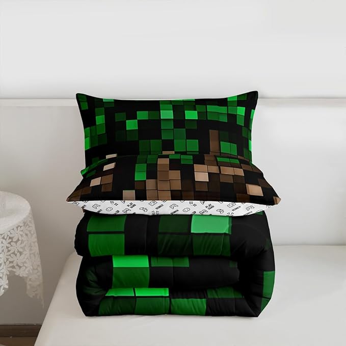 Manfei Miners Pixel Checked Girls Bedding Set Twin Size,Video Games Check Lattice Comforter Set,Game Cartoon Gamepad Quilt Comforter Girls Boys Teens,Green Brown Room Decor All Season,1 Pillowcase