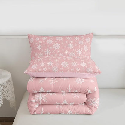 Erosebridal Pink Christmas Comforter Set King Girly Romantic Snowflake Duvet Insert Princess Winter Quilt Girls Modern Style Bedding Set Bedroom Decor Pink Floral Bedding Set & 2 Pillowcases