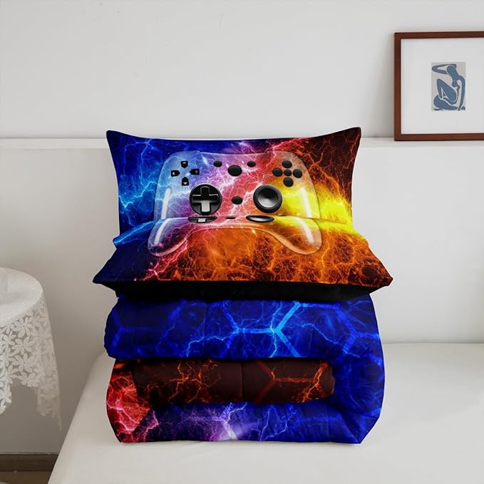 Erosebridal Boys King Size Bedding Set for Teen Boy Game Comforter,Kids Chid Honeycomb Games Bedding with Gamepad Room Decor,Gamer Gaming for Mens Lighting Viedo Game Quilt with 3 Pcs