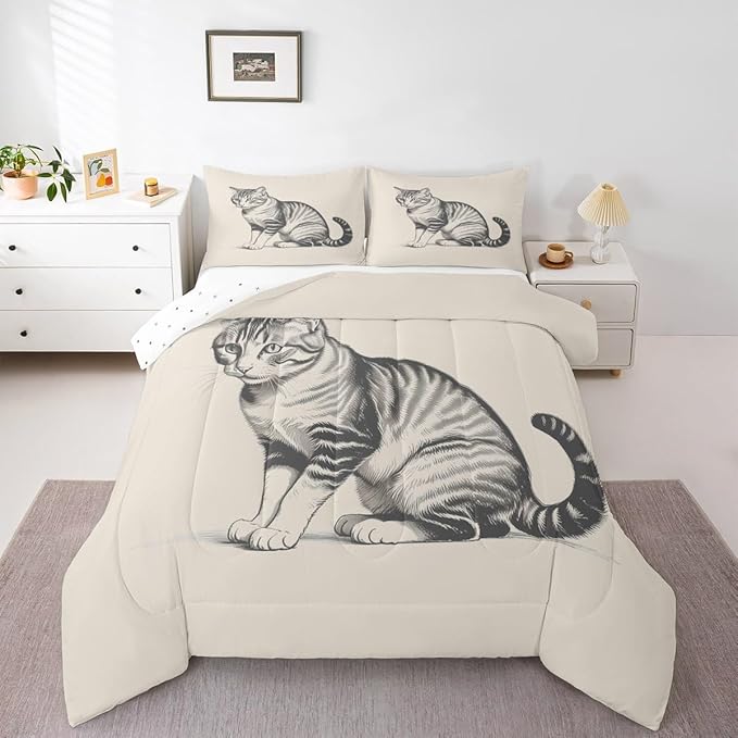 Erosebridal Kawaii Kitten Quilt Insert Twin Size 3D Cute Bedding Set for Kids Boys Girls Sketch Animal Beige Cat Comforter Warm Soft Comforter Set