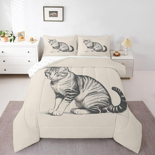Erosebridal Kawaii Kitten Quilt Insert Twin Size 3D Cute Bedding Set for Kids Boys Girls Sketch Animal Beige Cat Comforter Warm Soft Comforter Set