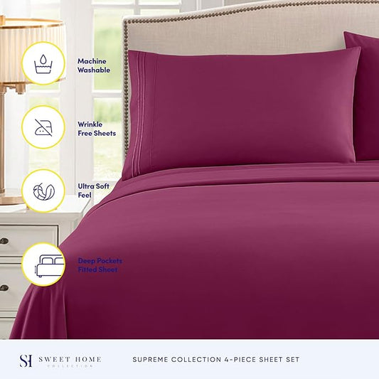 Queen Size Bed Sheets - Breathable Luxury Sheets with Full Elastic & Secure Corner Straps Built In - 1800 Supreme Collection Extra Soft Deep Pocket Bedding Set, Sheet Set, Queen, Berry