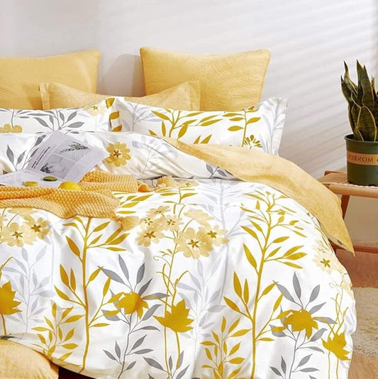 SLEEPBELLA Duvet Cover Set 600 Thread Count White Floral Cotton Bedding Set (Full, Yellow & White Botanical)