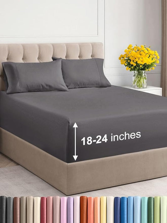 Extra Deep Twin XL Sheet Set - 4 Piece Breathable and Cooling Sheets - Hotel Luxury Bedding for Women, Men, Kids & Teens - Easy & Secure Fit - Soft, Wrinkle Free and Comfy - Extra Deep Pockets - Grey