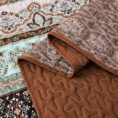 WONGS BEDDING Boho Full Quilt Bedding Set, 3 Pieces Soft Bedspread,Brown