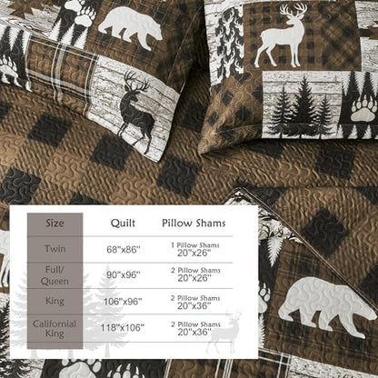 3 Piece Cabin California King Size Quilt Sets Farmhouse Rustic Reversible Microfiber Soft Lightweight Bedspread Comforter with 2 Sham Patchwork Country Lodge Bedding for All Season, 118''x106'', Brown