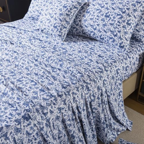 FADFAY Blue Toile Sheets Set King French Country Vintage Farmhouse Bedding Exotic Scenic Buttterfly Floral Bedding 100% Egyptian Cotton Soft Breathable Sheet Set with Deep Pocket Fitted Sheet 4Pcs