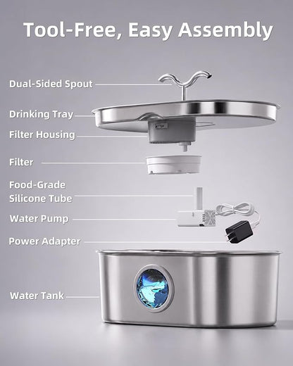 8L/270oz/2Gallon Stainless Steel Dog Water Fountain Pet Fountain | Automatic Pet Water Dispenser - Self-Designed Filtration System - Ultra-Quiet Pump - Easy Cleaning & Maintenance (6 Filters)