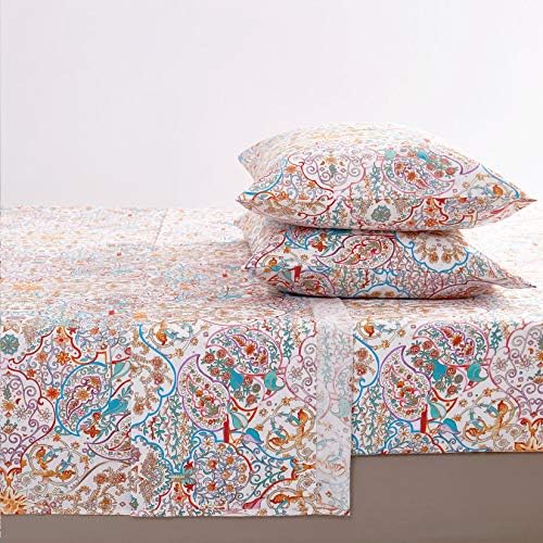 Wake In Cloud - Boho Bed Sheets, 100% Cotton, 4-Piece Sheet Set, Bohemian Hippie Chic Paisley Patterned Aesthetic Bedding, Deep Pocket, Turquoise Orange, King Size