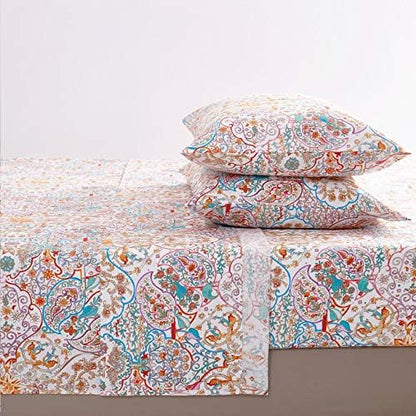Wake In Cloud - Boho Bed Sheets, 100% Cotton, 4-Piece Sheet Set, Bohemian Hippie Chic Paisley Patterned Aesthetic Bedding, Deep Pocket, Turquoise Orange, King Size