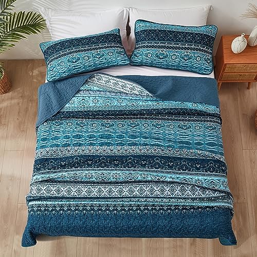 WONGS BEDDING Boho California King Quilt Bedding Set, 3 PCS Bedspread,Blue