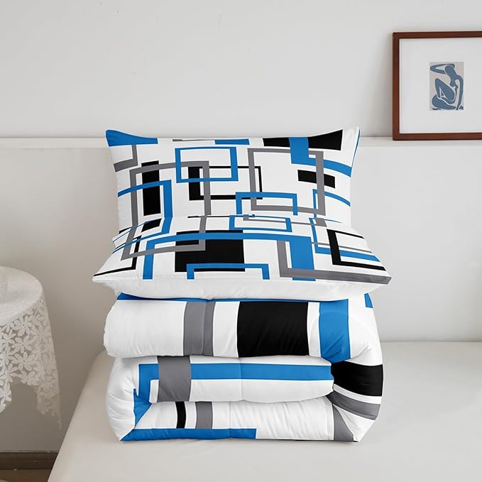 Erosebridal Blue Black White Grey Comforter Sets for Adult,Geometric Bedding Set Queen,Colorful Square Quilt Set,3D Abstract Grid Duvet Insert with 2 Pillowcases Home Room Decor