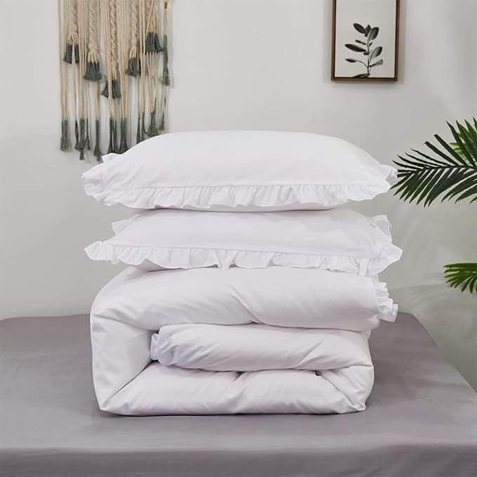 Cottonight Ruffle White Comforter Set California King Farmhouse Shabby Bedding Comforter Set Ruffled Friange White Blanket Quilts Soft Breathable Bedding Set for Cal King Bed