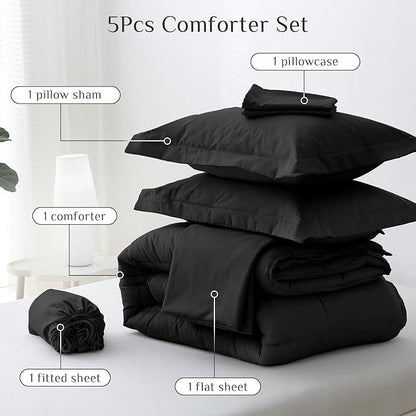 JOLLYVOGUE Twin XL Comforter Set, Ultra-Soft Bed in a Bag Twin XL Size 5 Pieces, Oeko-TEX Certified Bedding Set with Down Alternative Comforter, Sheets, Pillowcases & Shams, Black