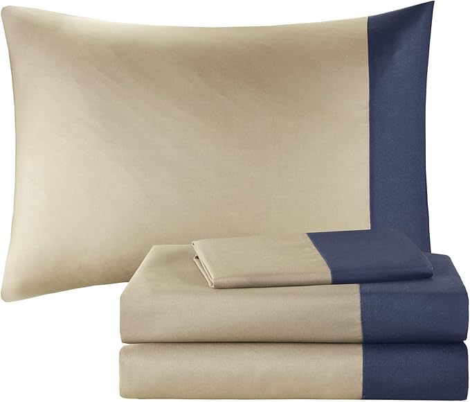 Intelligent Design Robbie 7-Piece Twin Comforter Set – Lightweight All-Season Plaid Bedding, Navy/Tan, Cozy Bed-in-a-Bag with Matching Shams & Decorative Pillow, Modern Casual Style