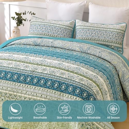 WONGS BEDDING Boho Quilt Queen Size,3 Pcs Aqua Bedspread Bedding Set