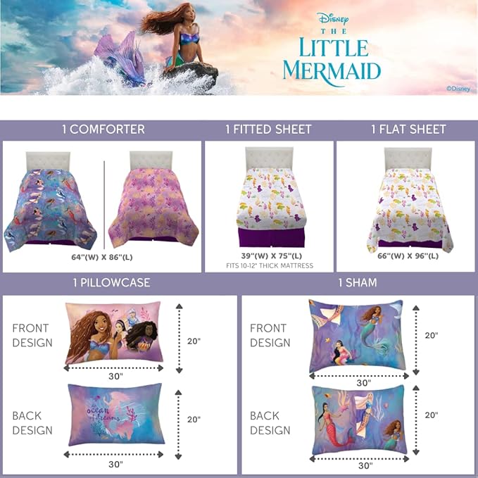 Disney's The Little Mermaid Ariel Live Action Movie Kids Bedding Super Soft Comforter and Sheet Set with Sham, Twin, (100% Official Licensed Product) By Franco