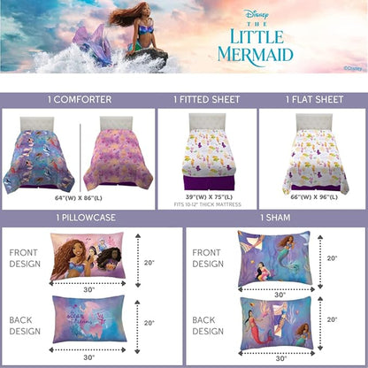 Disney's The Little Mermaid Ariel Live Action Movie Kids Bedding Super Soft Comforter and Sheet Set with Sham, Twin, (100% Official Licensed Product) By Franco