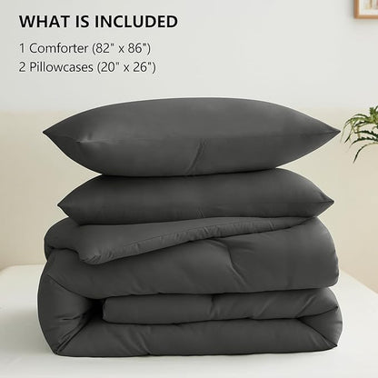 CozyLux Full Size Comforter Set Dark Grey, 3 Pieces Solid Breathable Quilted Bedding Sets, Dark Gray Luxury Lightweight Soft Bed Set with Down Alternative Comforter and 2 Pillowcases for All Seasons