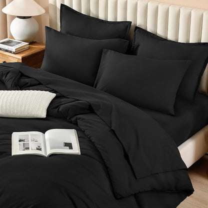 Litanika Oversized King Comforter Sets Black - 7 Pieces Bed in a Bag Oversized King Bedding Comforter Sets, Solid Lightweight Bed Set with Comforter, Sheets, Pillowcases & Shams