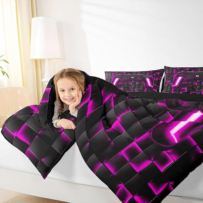 Erosebridal Video Game Comforter Set King Gaming Down Comforter Gaming Bedding Sets for Kids Boys Girls Teen,2 Pcs Black Purple Checkered Gamepad Bed Set Neon Lights Geometric Lightweight Quilt
