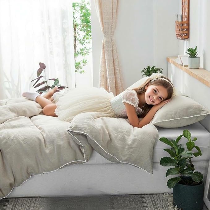 Simple&Opulence 100% Washed Linen Duvet Cover with Pom Pom Trim, Natural French Flax Bedding Set Soft Breathable,1 Farmhouse Boho Comforter Cover and 2 Pillow Shams(Queen,Natural Linen)