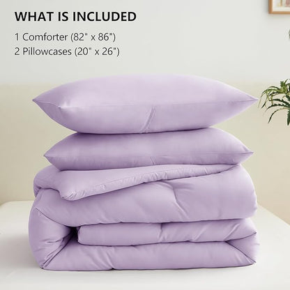 CozyLux Lavender Full Size Comforter Set, 3 Pieces Light Purple Solid Breathable Quilted Boho Bedding Sets, Luxury Fluffy Soft Bed Set with Down Alternative Comforter and 2 Pillowcases for All Season