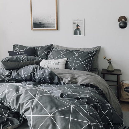 mixinni Full Size Comforter Set Soft Geometric Grey Geometric Checkered Plaid Printed Bedding Comforter for Men Boys, 1 Soft Microfiber Reversible Comforter with 2 Pillowcases for All Seasons