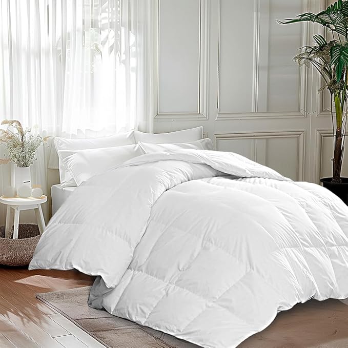 Martha Stewart Luxurious Goose Feathers Down Fiber Comforter Twin Size 100% Cotton Duvet Insert, Hotel Quality Hypoallergenic Comforter, 60 Oz Extra Warmth 68 x 90 Inch White