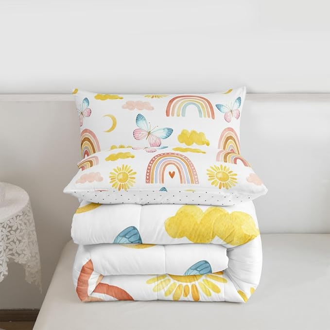 Rainbow Comforter Set King Size, Girls Butterfly Bedding Sets, Cartoon Rainbow Quilt Sets, Colorful Sun Clouds Comforters, Iridescent Print Down Comforter, Geometric Stripes Soft Lightweight Bedding