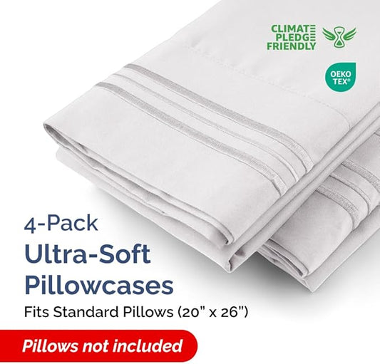 Standard Pillow Cases Set of 4 - Ultra Soft Hotel Quality Pillowcase Covers - Comfy Bedding for Women, Men, Kids & Teens - Machine Washable Pillow Protectors - 4 Piece Set - Standard Size French Grey