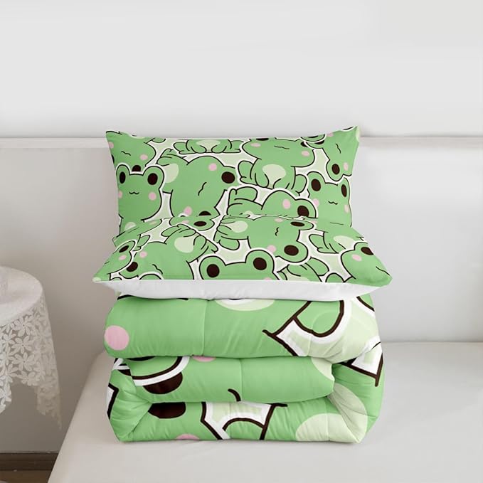 Frog Comforter Set Twin Size, Cartoon Frog Bedding Set For Kids Boys Girls Teens, Kawaii Green Wild Animals Down Comforter, Cute Wildlife Farmhouse Rustic Funny Quilt Set 1 Pillow Case Bedroom Decor