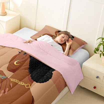 Erosebridal Fashion Black Woman Comforter Set Toddler 2 Piece Romantic Makeup Themed Girls Bedding Set Fashionable Gorgeous Down Comforter Vogue Afro Girls Duvet Insert for Kids Teens Adult Bedroom