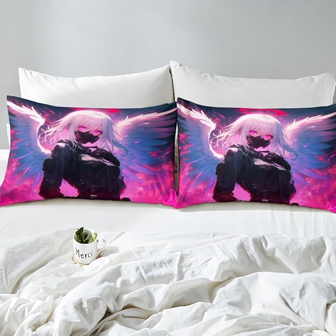 Erosebridal Anime Girl with Wings Bed Sheets Twin Size for Girls Adults, Kids Japanese Virtual Reality Fitted Sheet Cartoon Poster Style Bed Set for Boys Teen Bedroom Decor with 1 Pillowcase